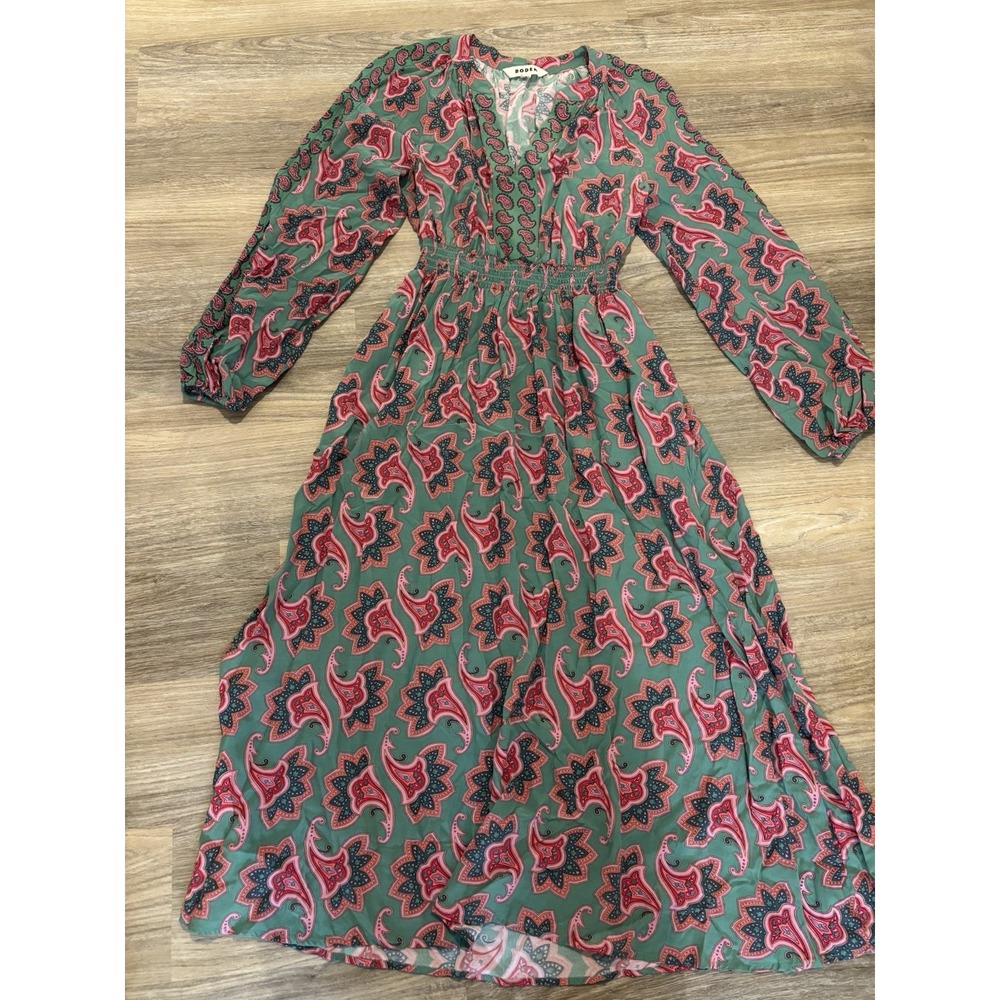 Boden Womens 6R Green Pink Paisley Midi Dress Smocked Waist Long Sleeve